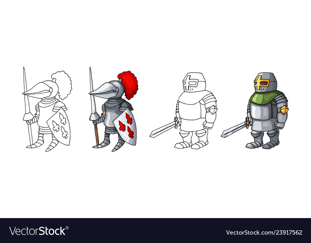 Cartoon medieval confident armed knights isolated