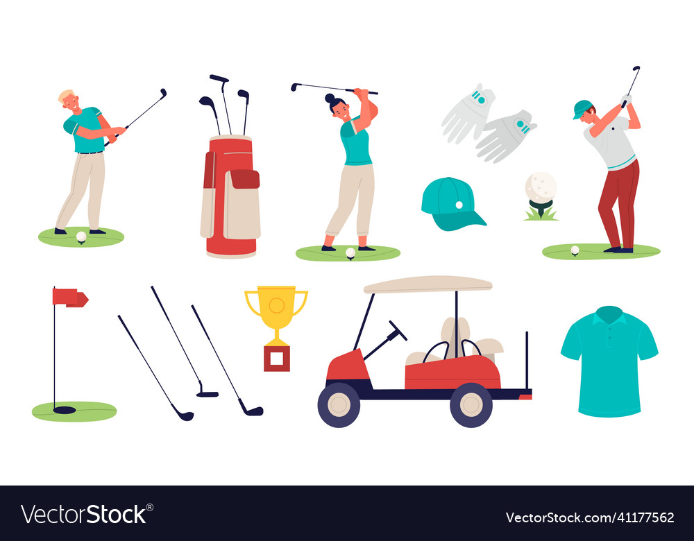 Golf equipment golfers characters with clubs Vector Image