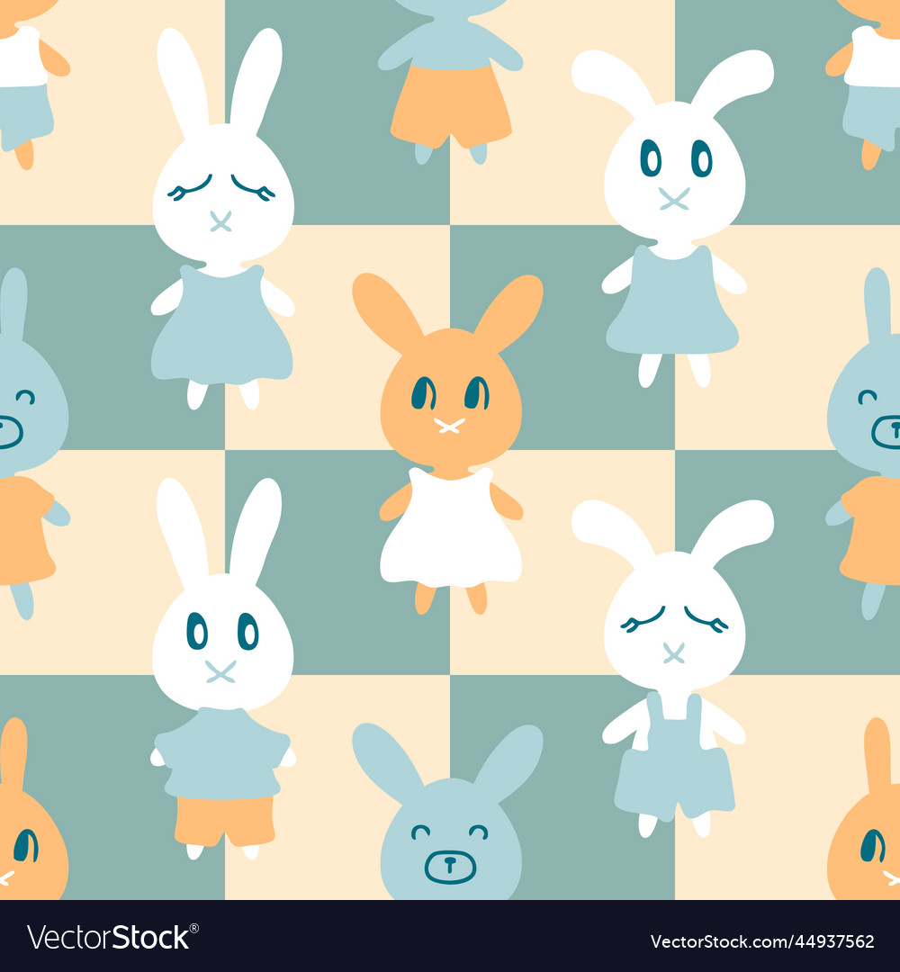 Retro seamless pattern with bunnies on checkered