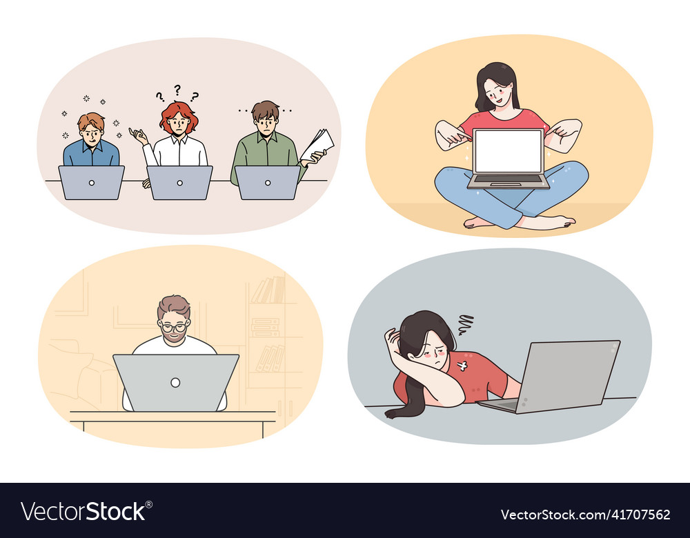 Set of diverse people working on computers online