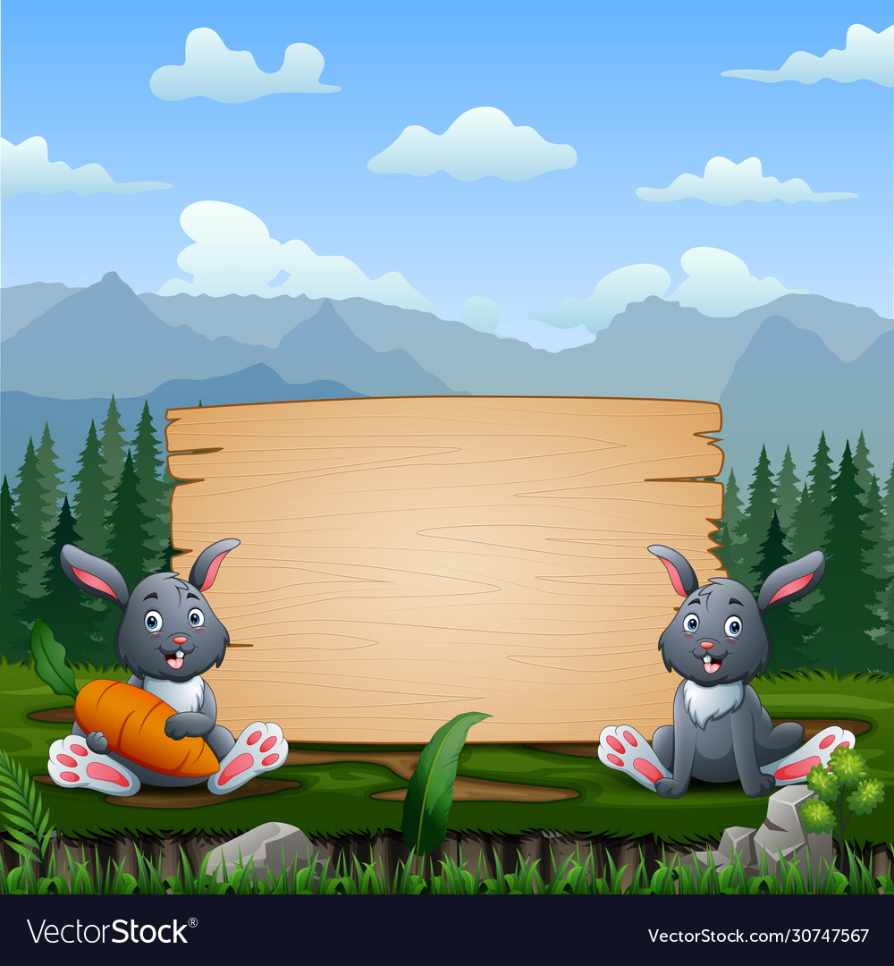 Happy bunnies sitting near wooden sign Royalty Free Vector