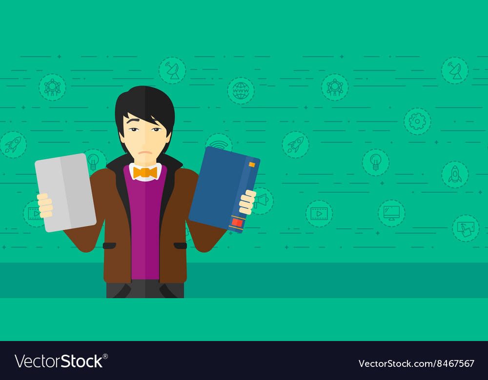 Man choosing between book and tablet computer