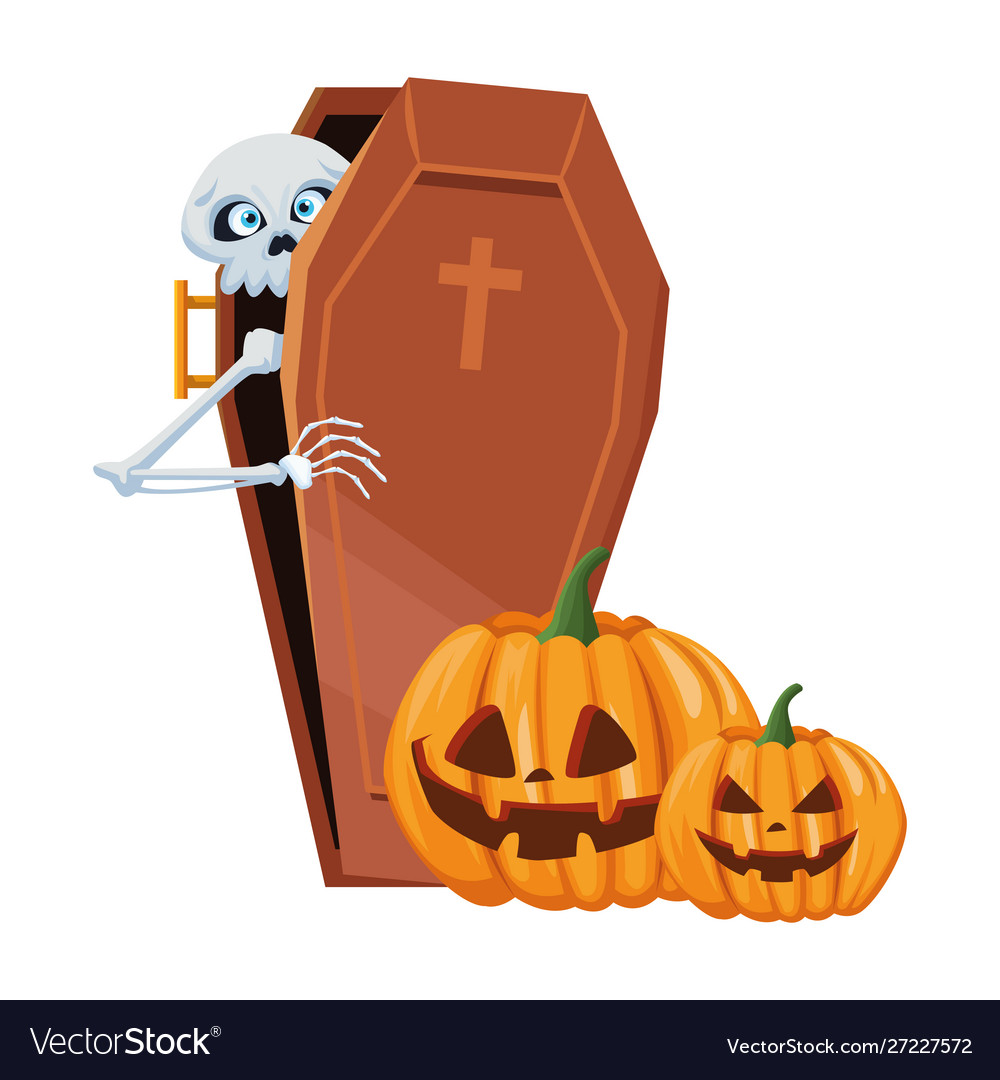 Halloween pumpkins with skeleton in coffin