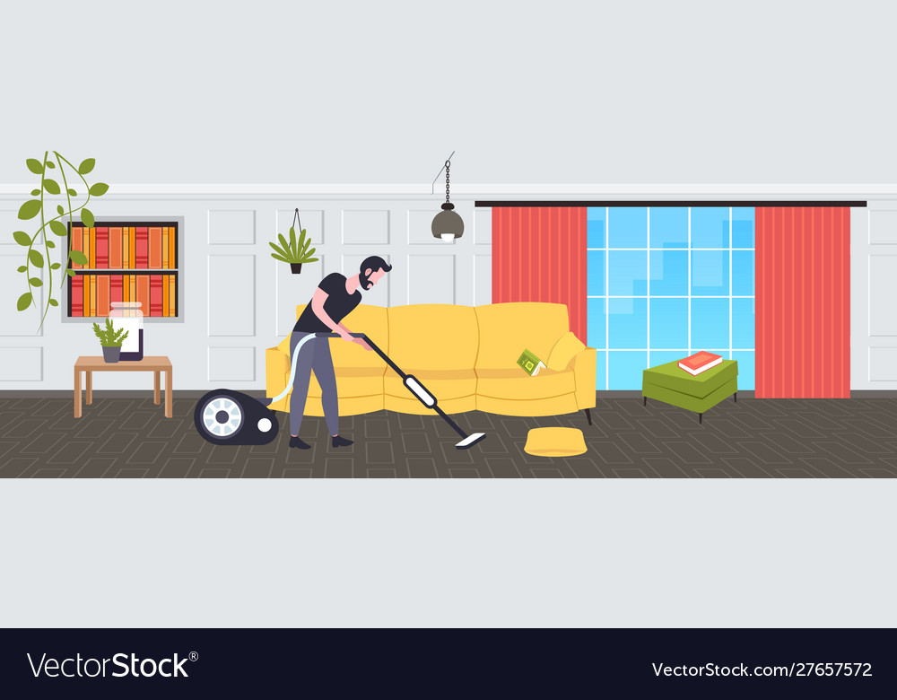 Man using vacuum cleaner male janitor in uniform Vector Image