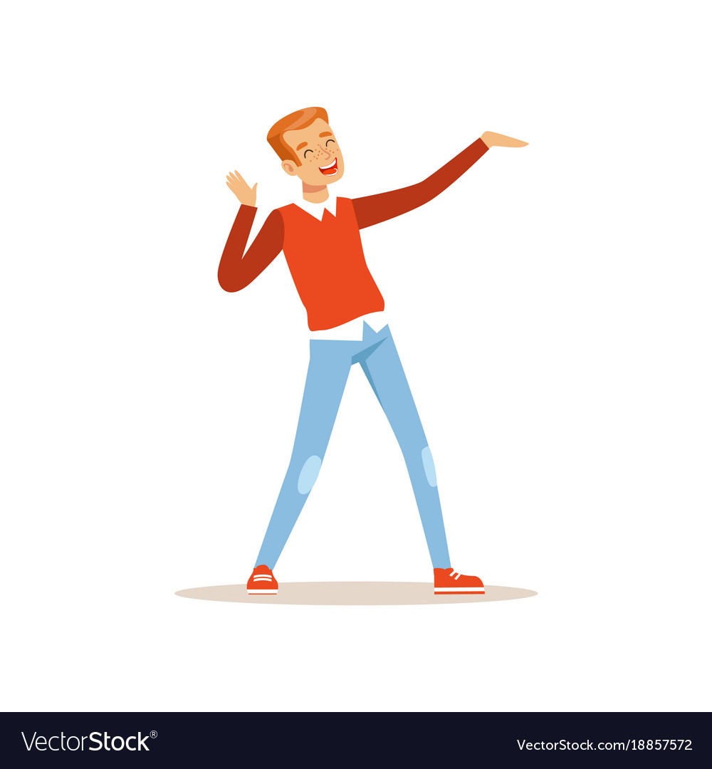 Red-haired man dancing with cheerful face