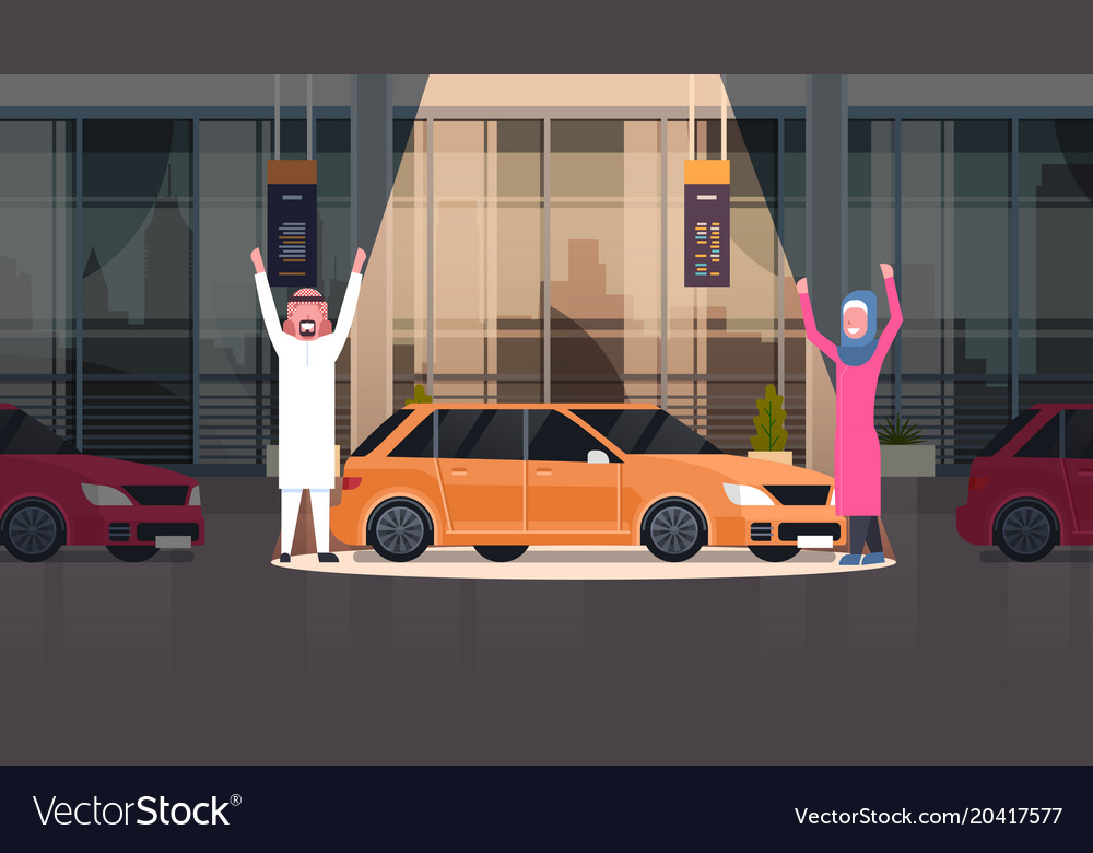 Paar arabischer Verkäufer präsentiert neues Auto