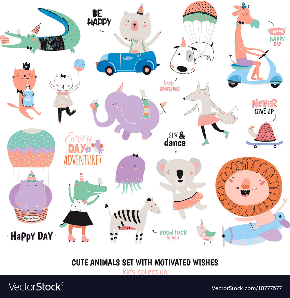 Cute Funny Animals and Motivated Wishes Set Vector Image