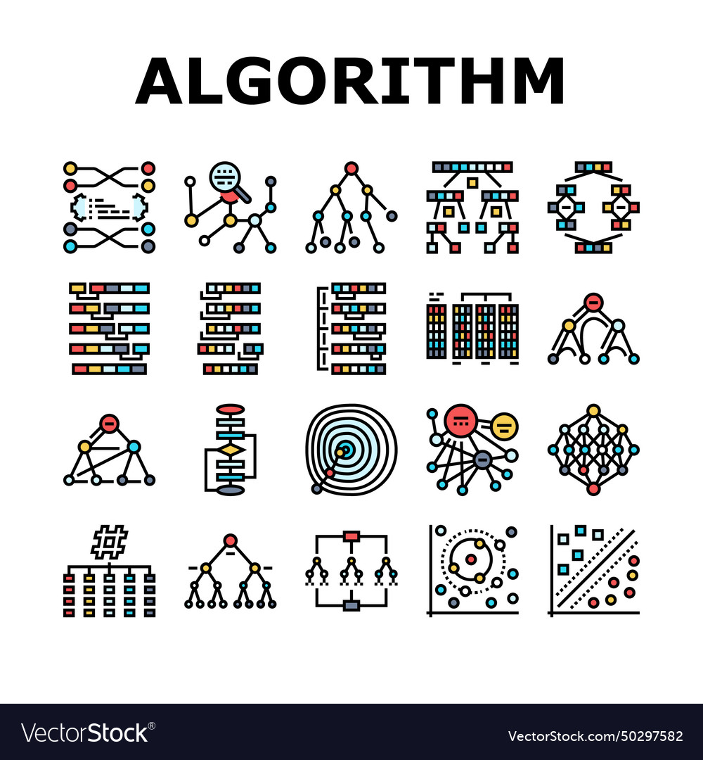 Algorithm data technology ai icons set vector image Algorithm data technology ai icons set