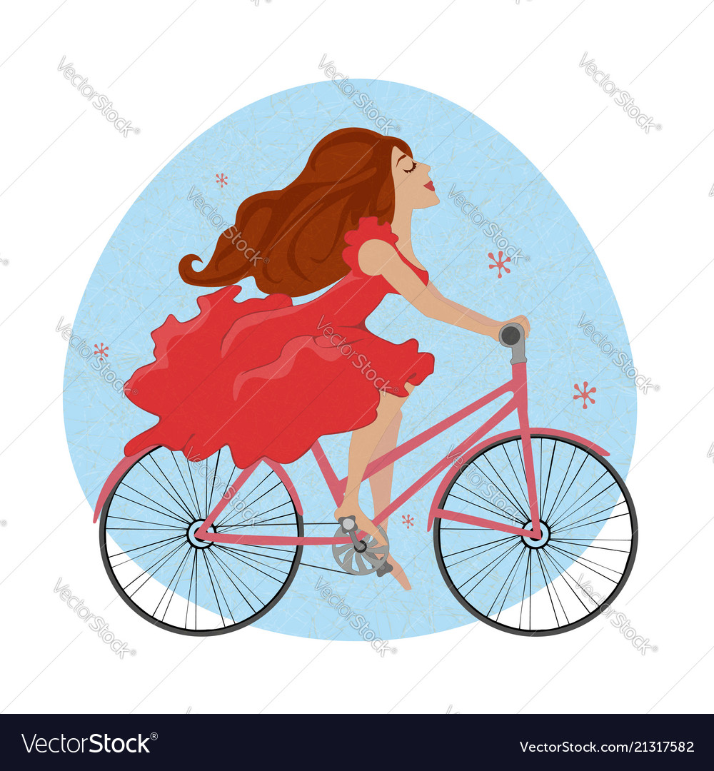 Beautiful young girl in red dress rides bicycle