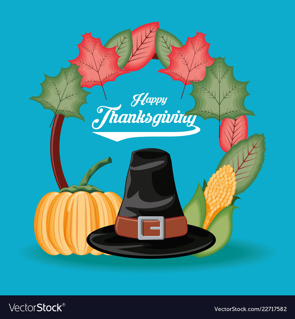 Pilgrim hat with pumpkin and cob of thanksgiving Vector Image