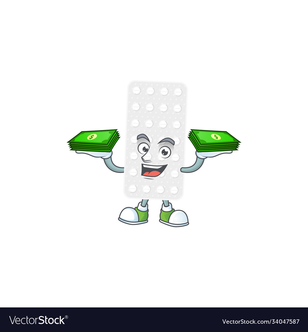 A cheerful pills mascot with some money on hands