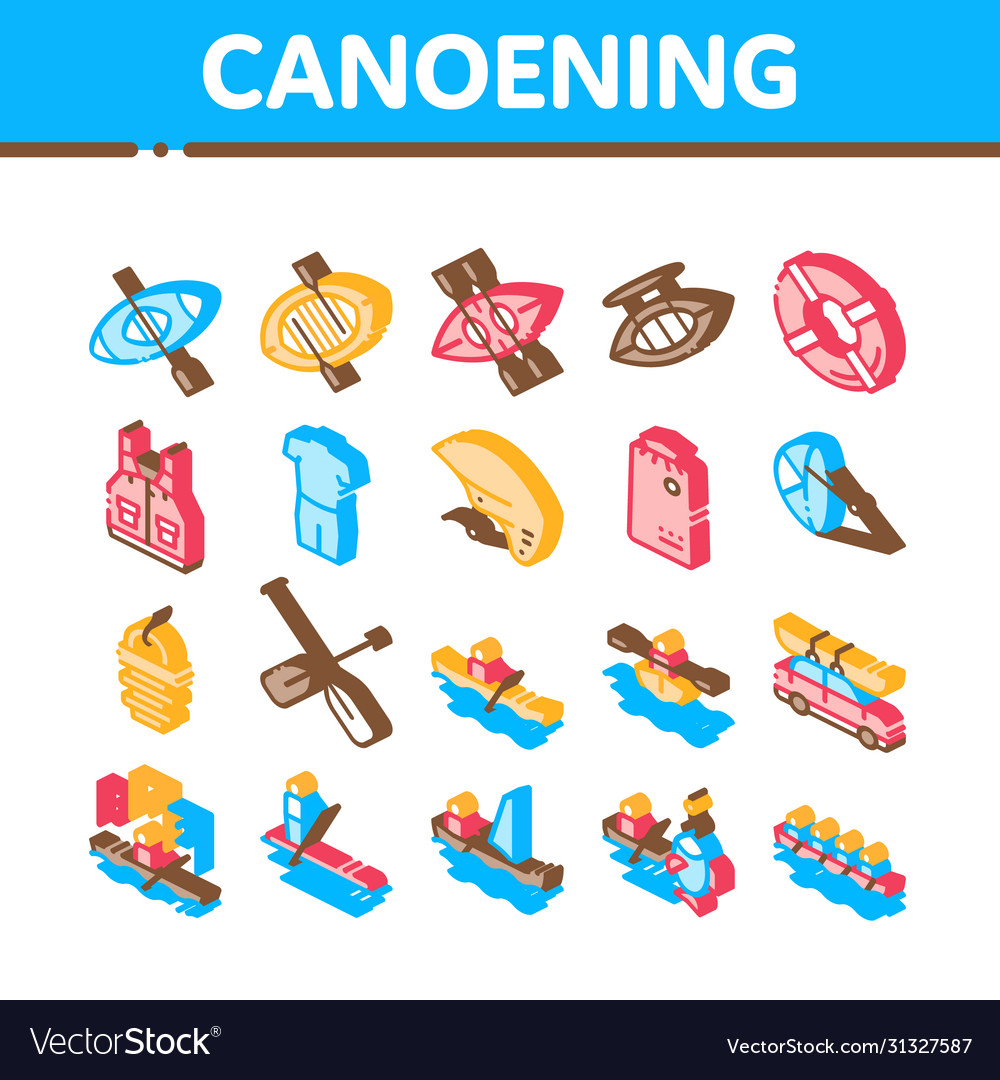 Canoeing isometric elements icons set