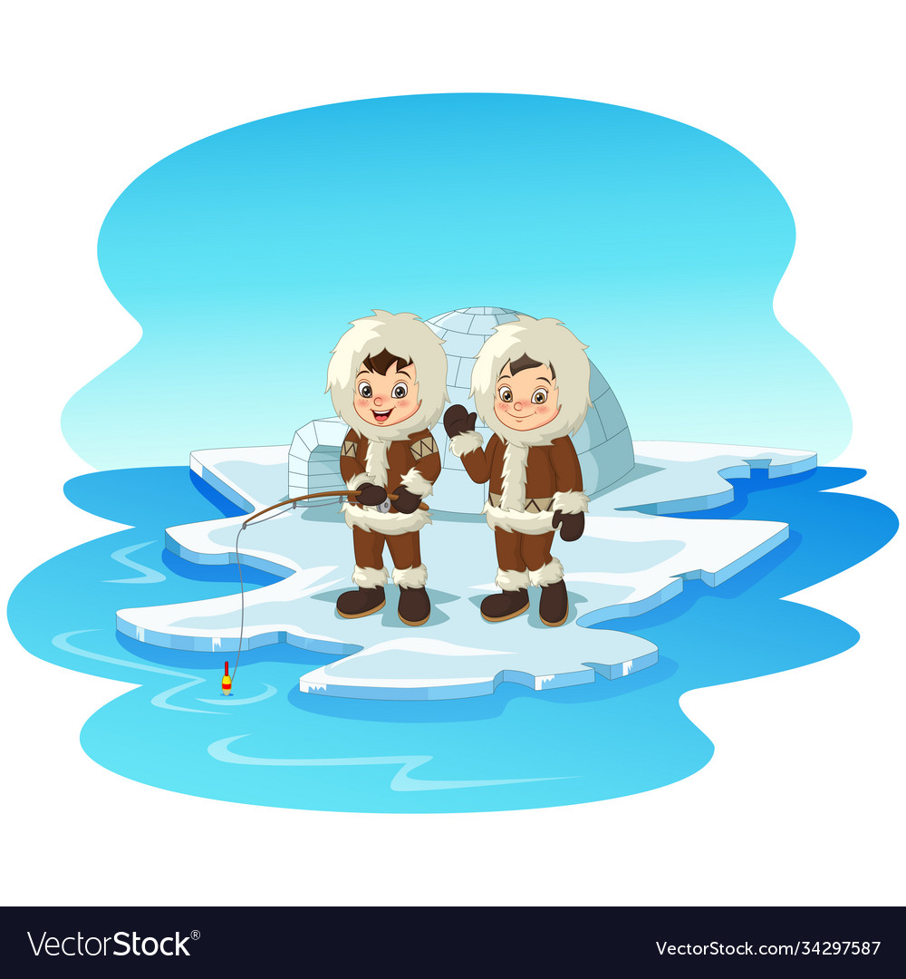 Cartoon arctic eskimo kids fishing on ice floe Vector Image