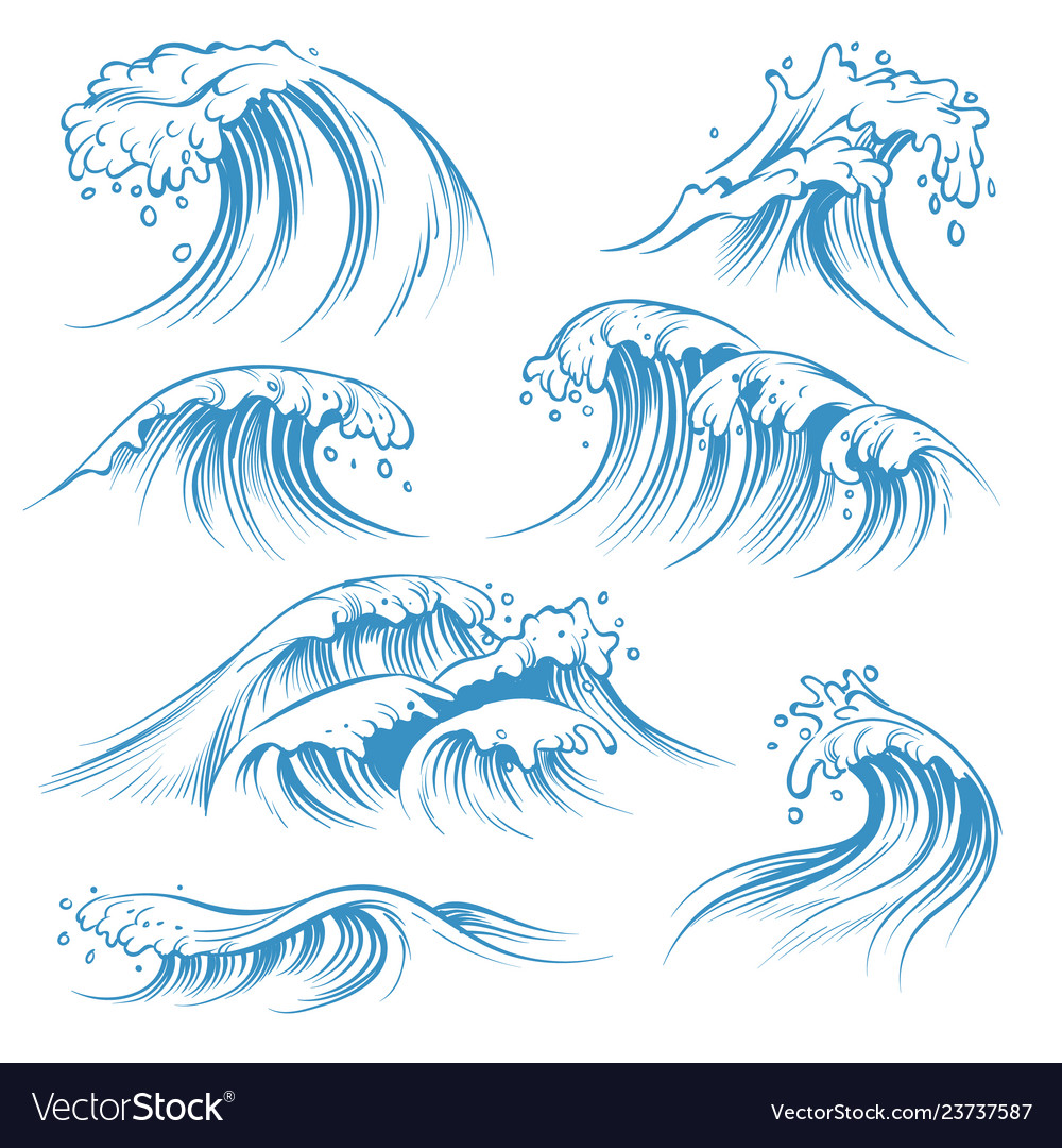 Hand drawn ocean waves sketch sea waves tide Vector Image