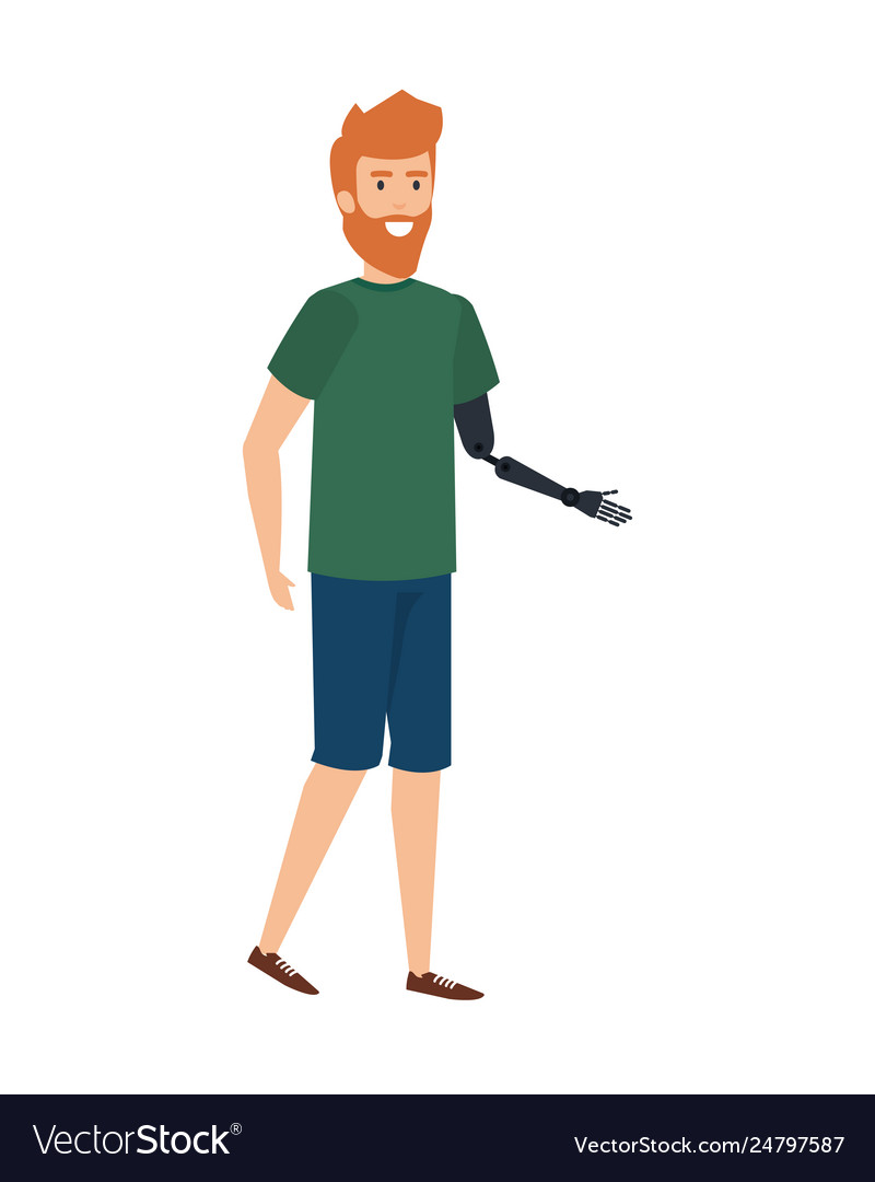 Man with arm prosthesis character