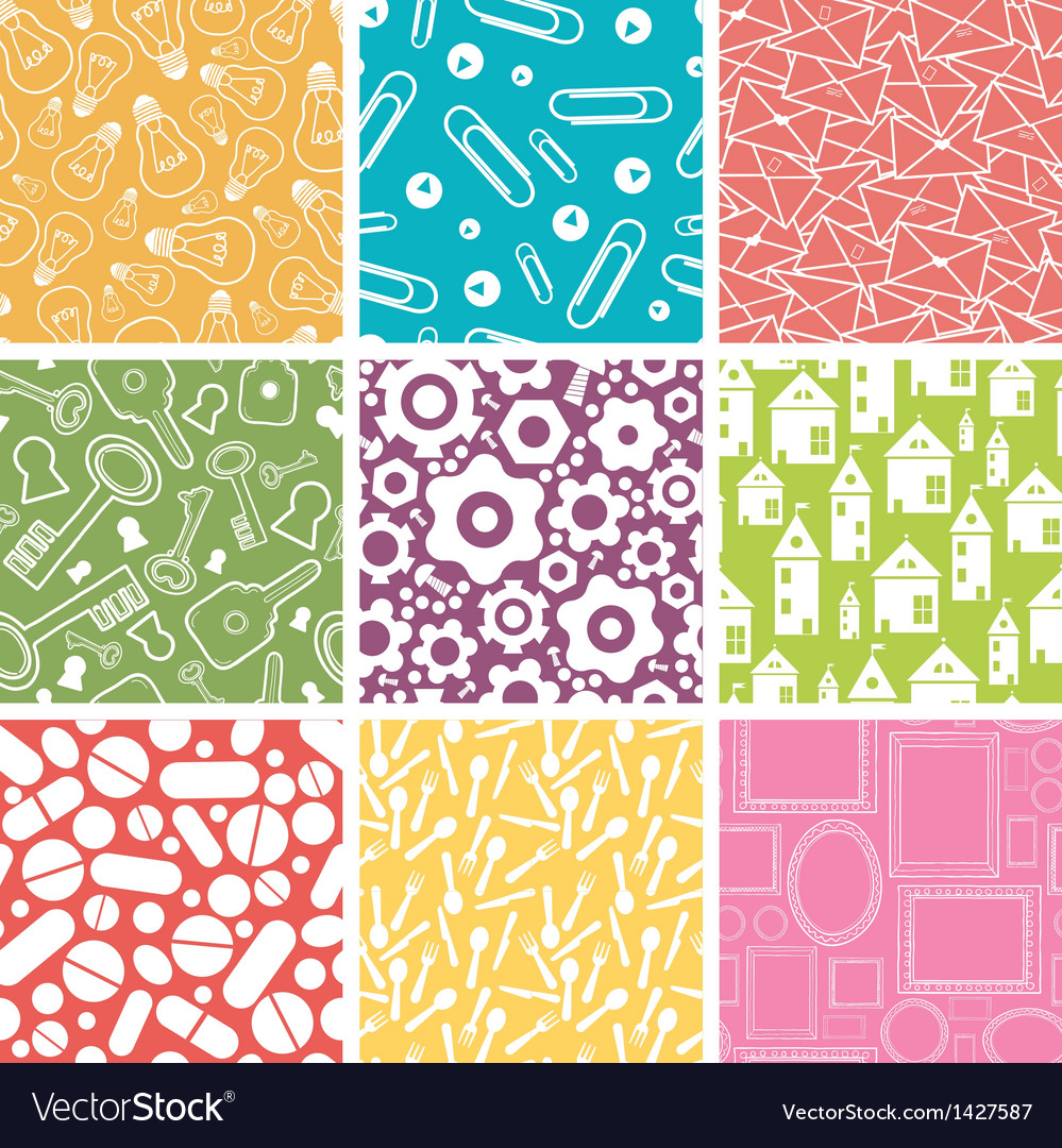 Set of nine household objects seamless patterns
