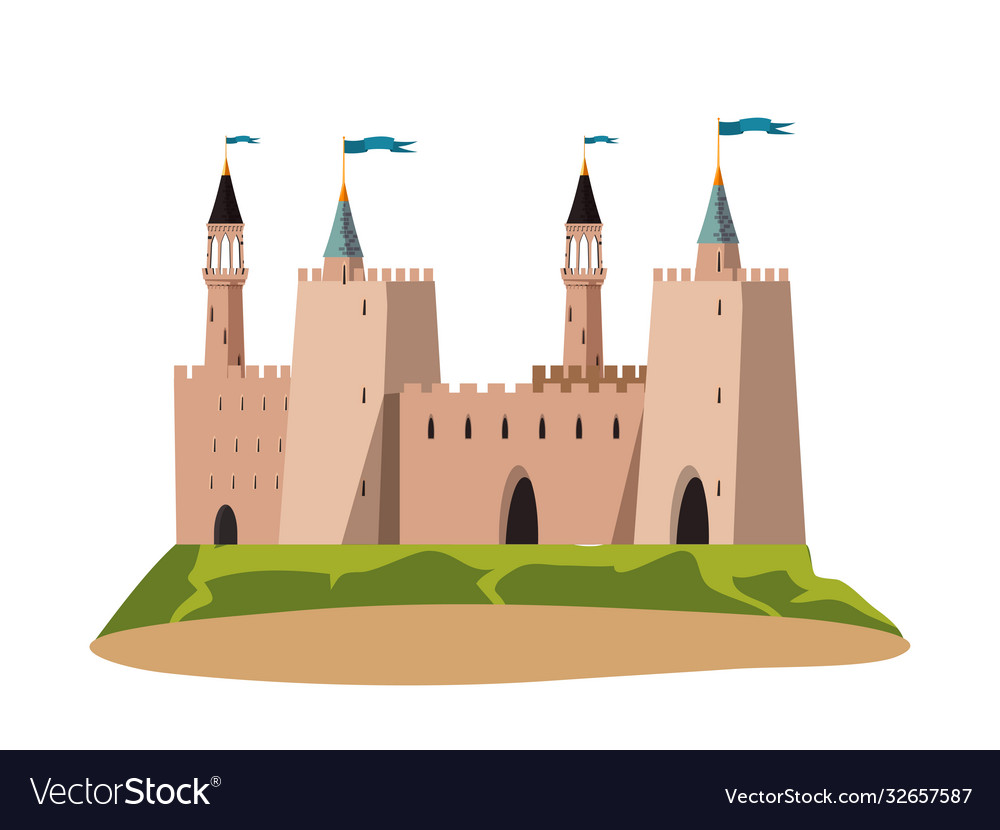 Stone medieval castle facade isolated on white