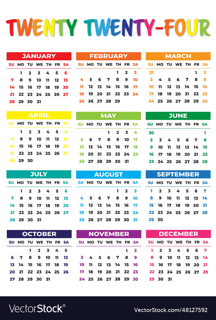 2024 sunday start portrait color calendar Vector Image