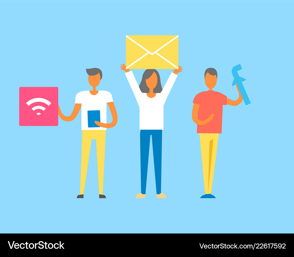 Developers holding icons Royalty Free Vector Image