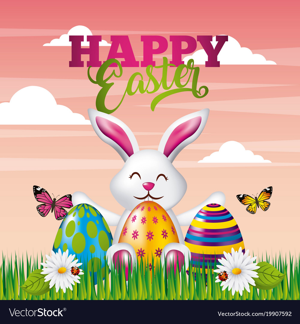 Happy easter card cute bunny colored eggs Vector Image