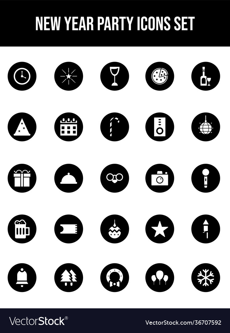 New year party icon set in black and white color