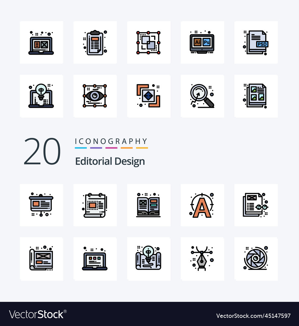 20 editorial design line filled color icon pack
