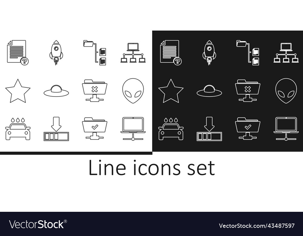Set line computer network alien folder tree ufo vector image Set line computer network alien folder tree ufo
