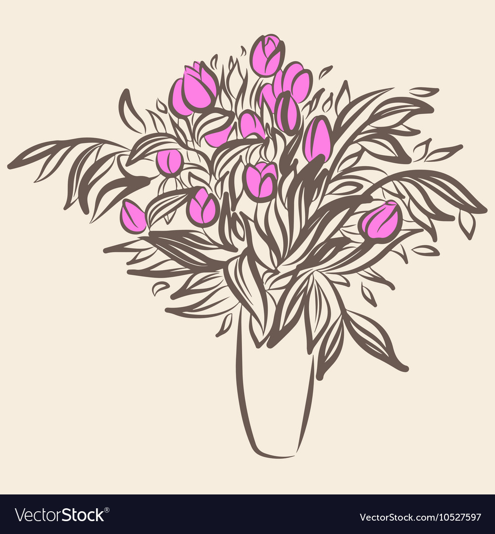 Tulips In Vase Sketch Drawing In Vintage Style Vector Image