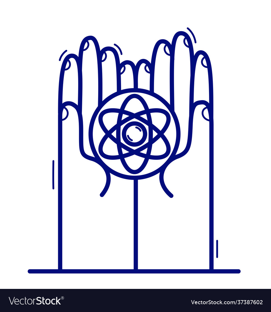Two hands with atom icon protecting and showing vector image Two hands with atom icon protecting and showing