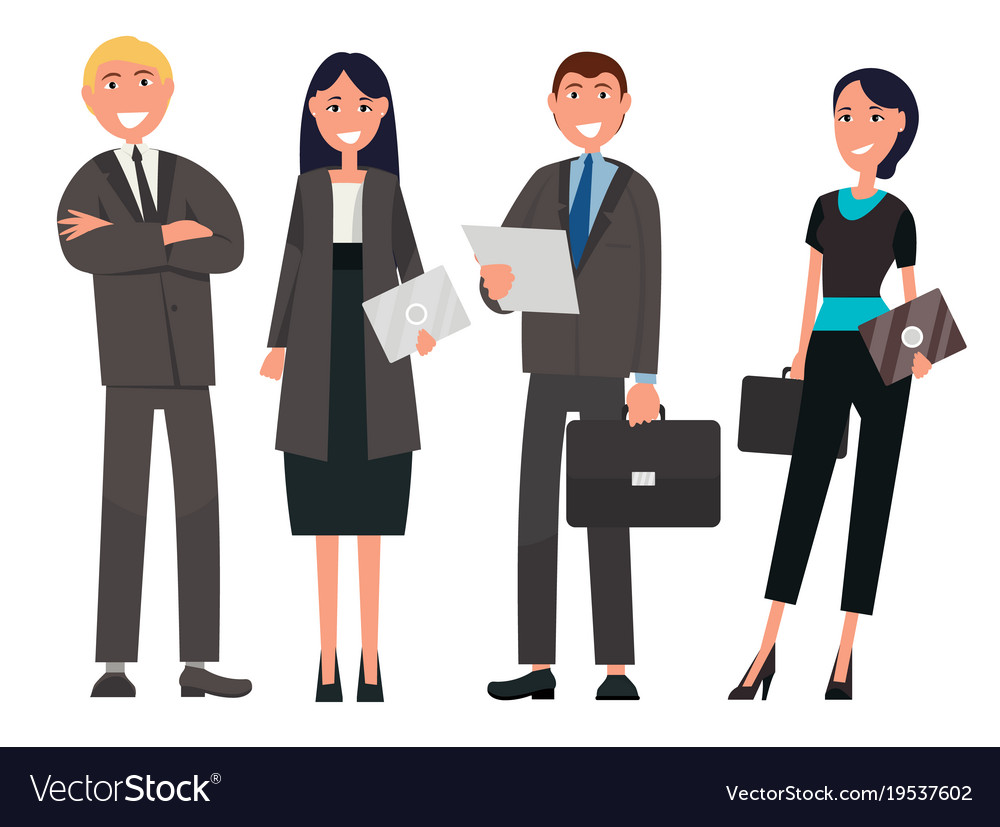 Two men and women in black clothes with cards Vector Image