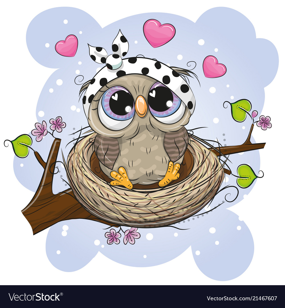 Cartoon owl in a nest on a branch Royalty Free Vector Image Cartoon owl in a nest on a branch Royalty Free Vector Image