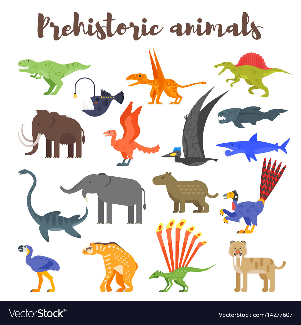 Colorful prehistoric dinosaurs and animals