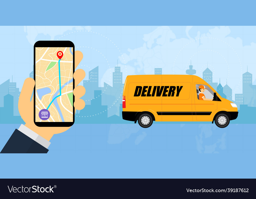 Hand holding smartphone with the man driving vector image Hand holding smartphone with the man driving