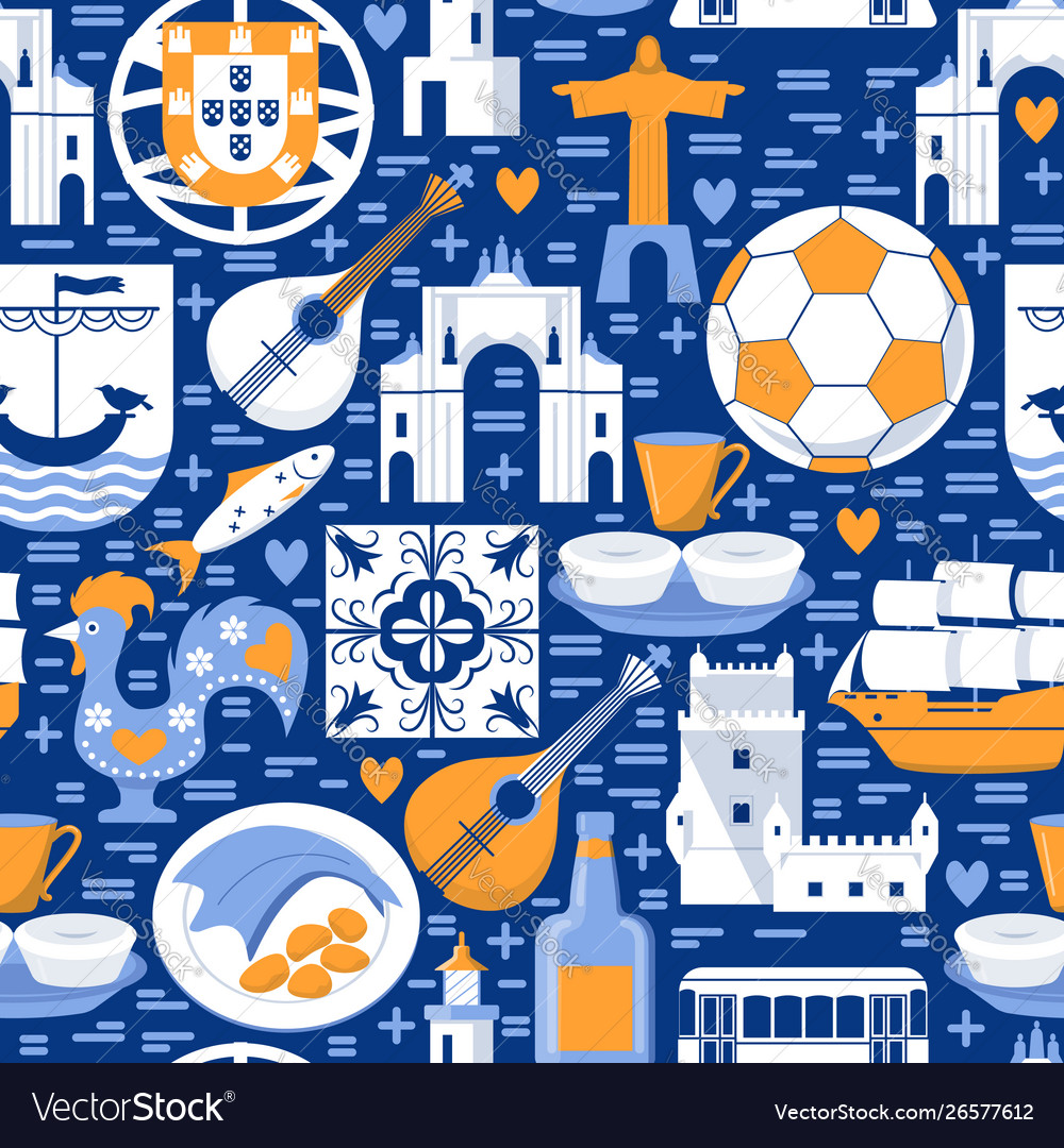 Portugal seamless pattern with icons in flat style vector image Portugal seamless pattern with icons in flat style