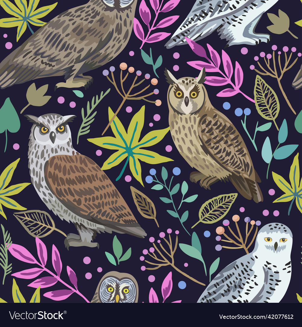 Seamless pattern with cute owls and forest plants