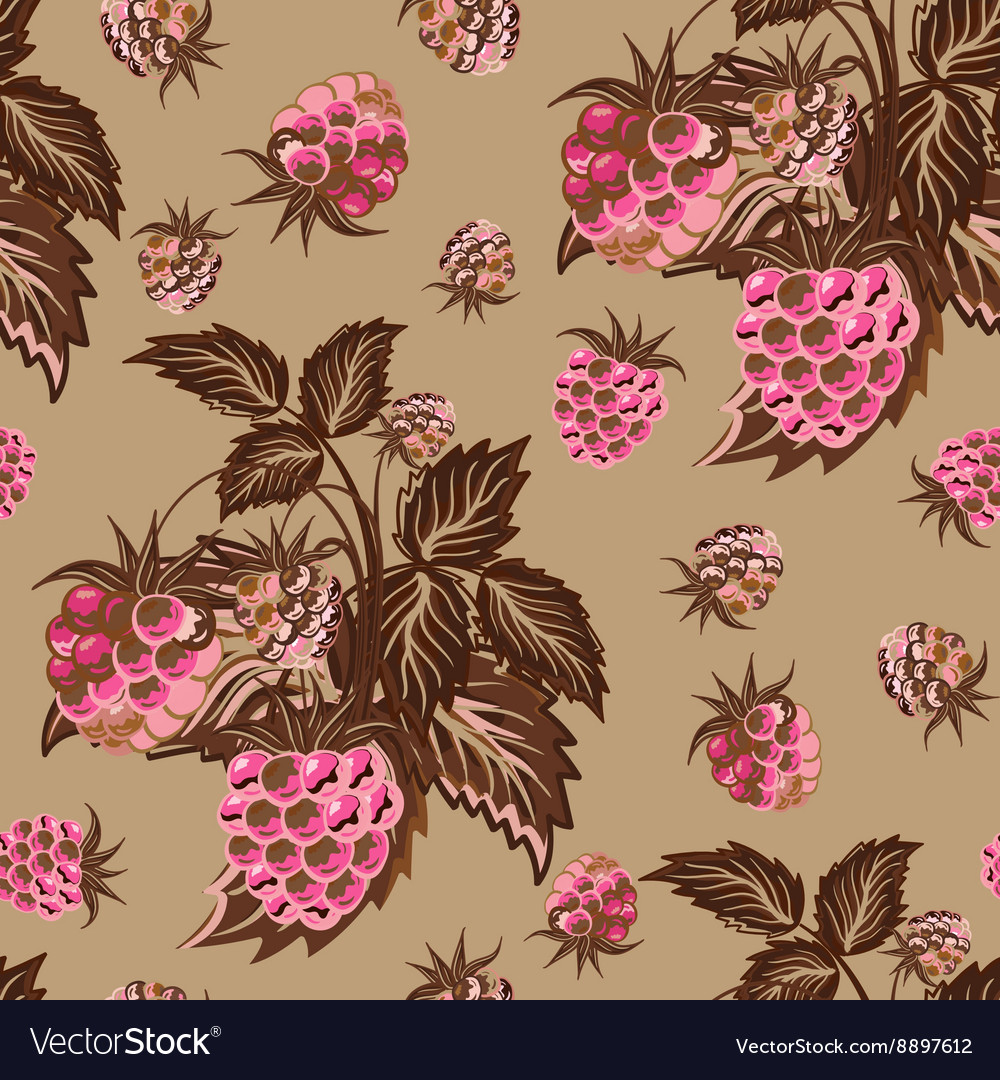 Seamless pattern with pink raspberries on beige