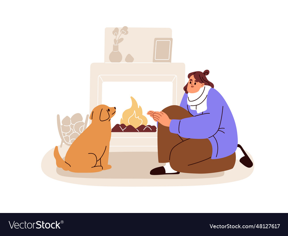 Freezing at home frozen woman warming fire vector image Freezing at home frozen woman warming fire