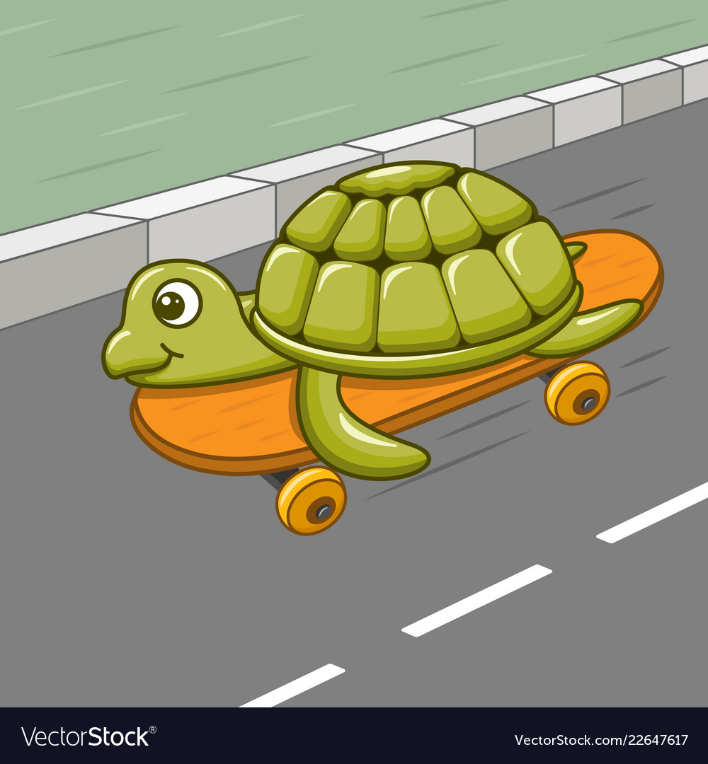 Funny cartoon turtle riding skateboard on road Vector Image