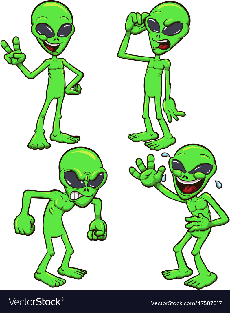 Green alien with different expressions and poses Vector Image