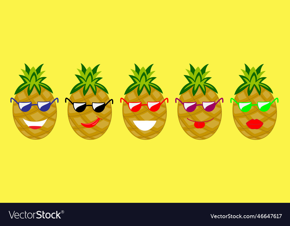 Set of cute positive pineapples with glasses