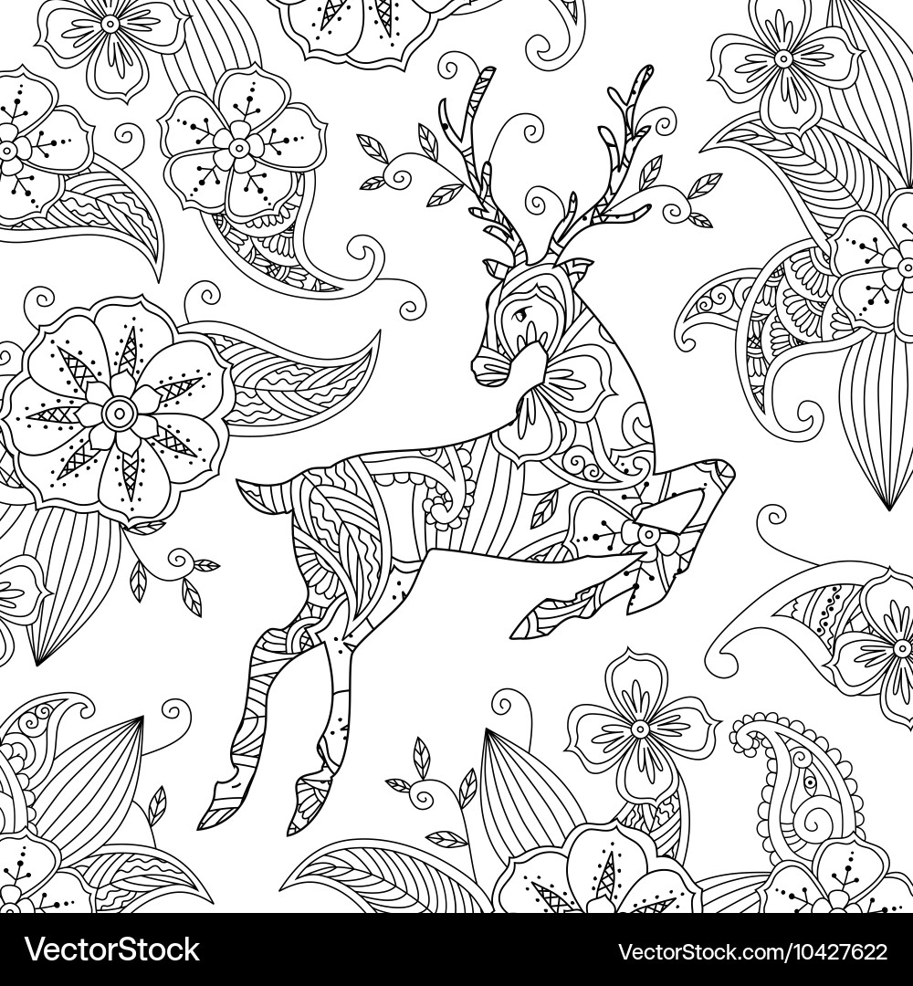 Coloring page with beautiful running deer and Vector Image