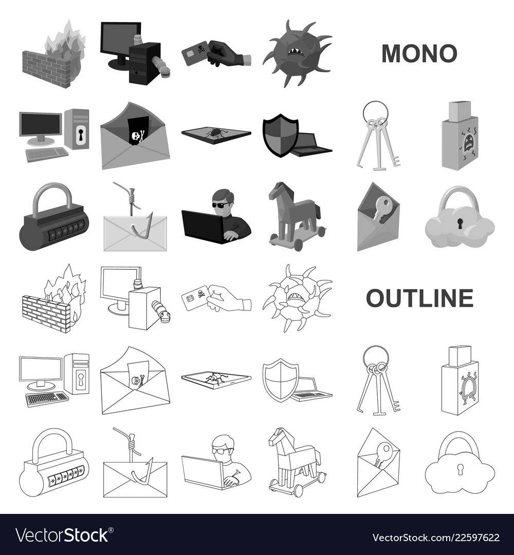 Hacker und Hacken von monochromen Icons im Set Vector Image Hacker und Hacken von monochromen Icons im Set