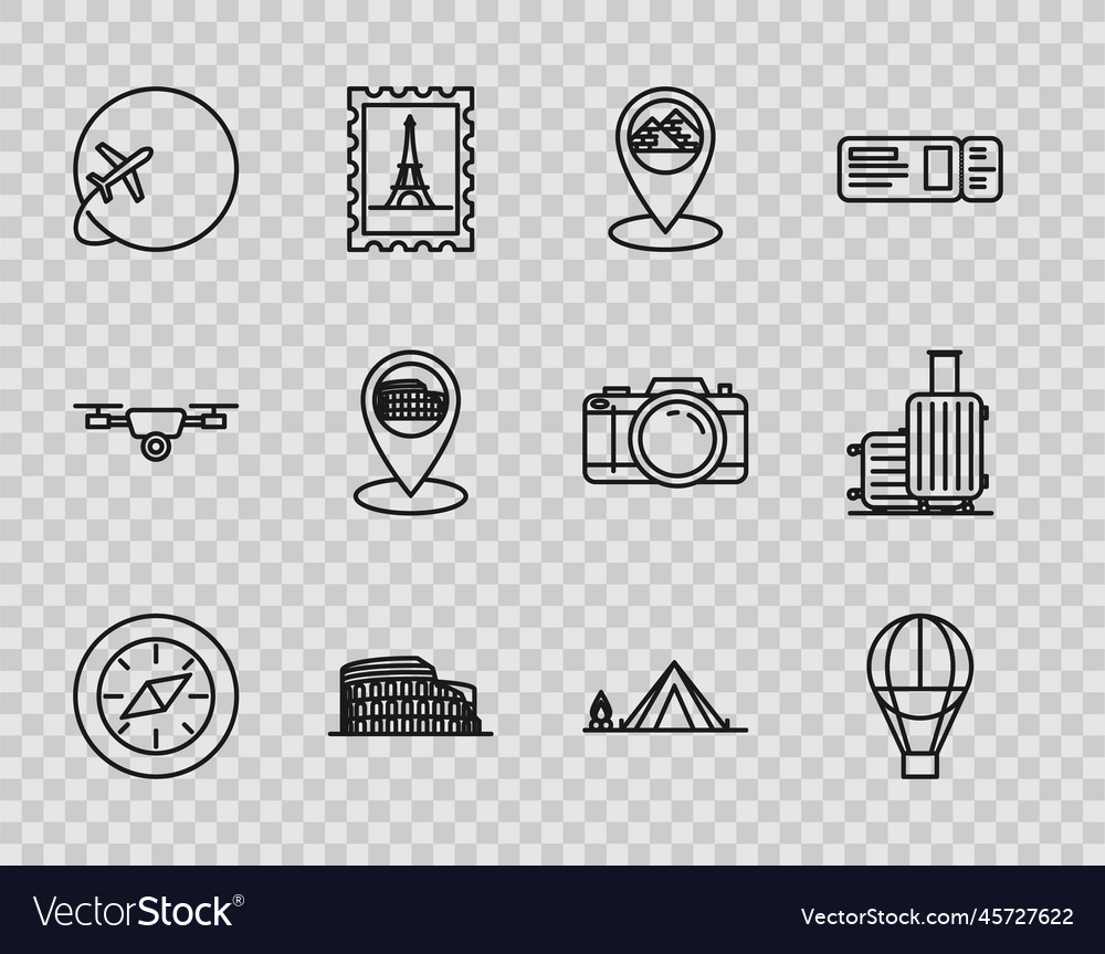 Set line compass hot air balloon map pointer vector image Set line compass hot air balloon map pointer