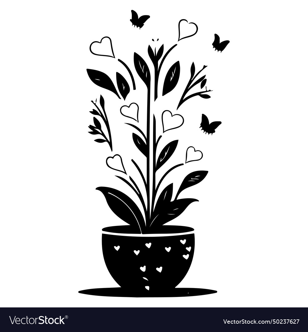 Valentine pot flower love with butterfly sketch