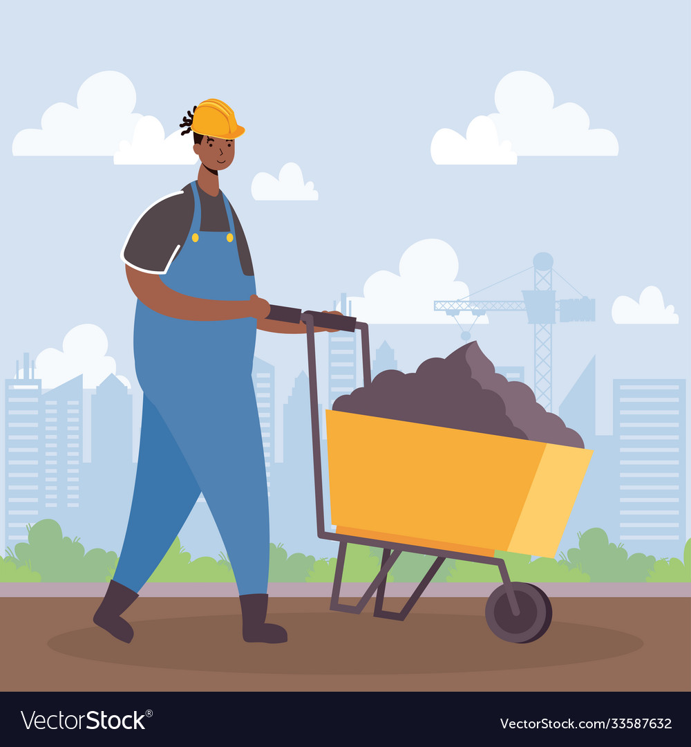 Constructor worker with wheelbarrow character