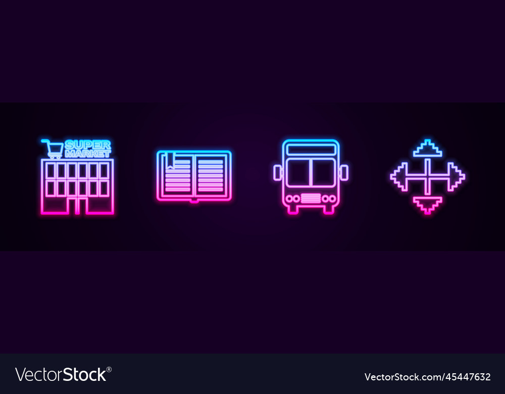 Set line supermarket building open book bus vector image Set line supermarket building open book bus