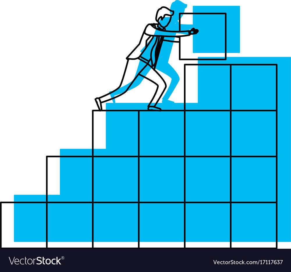 Businessman pushing a block in structure of bricks