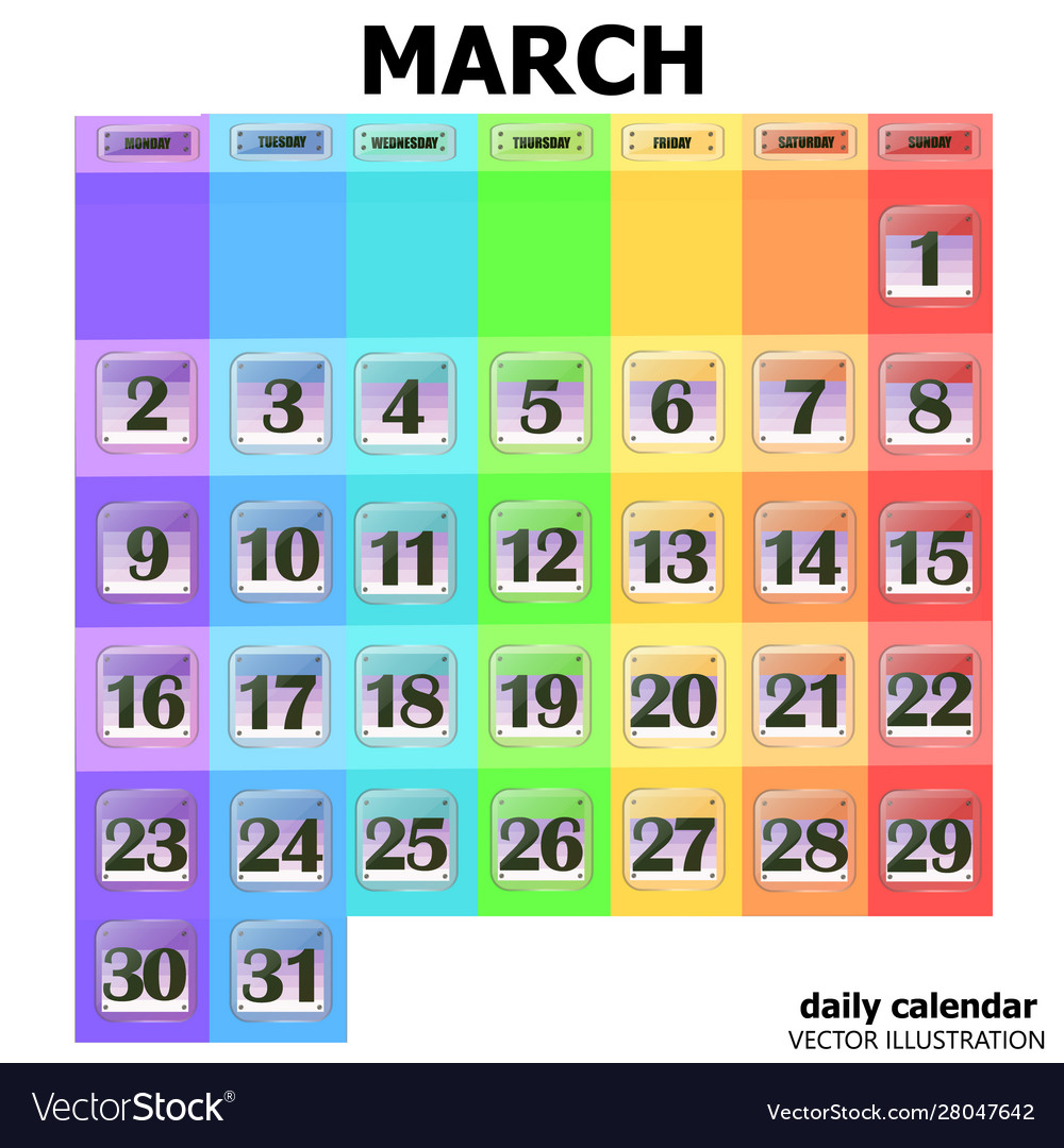 Colorful calendar for march 2020 in english set Vector Image