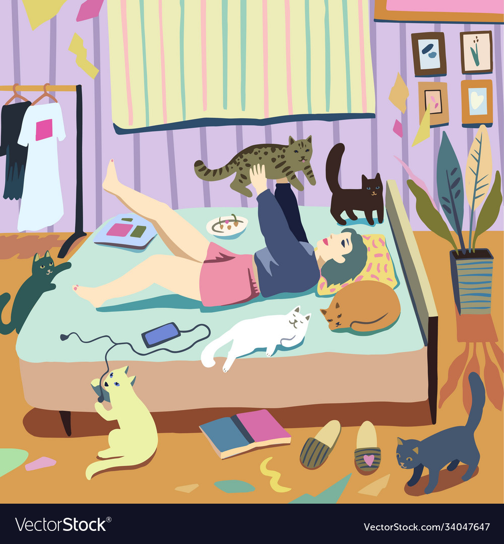 Cat lover girl lies in bed her room