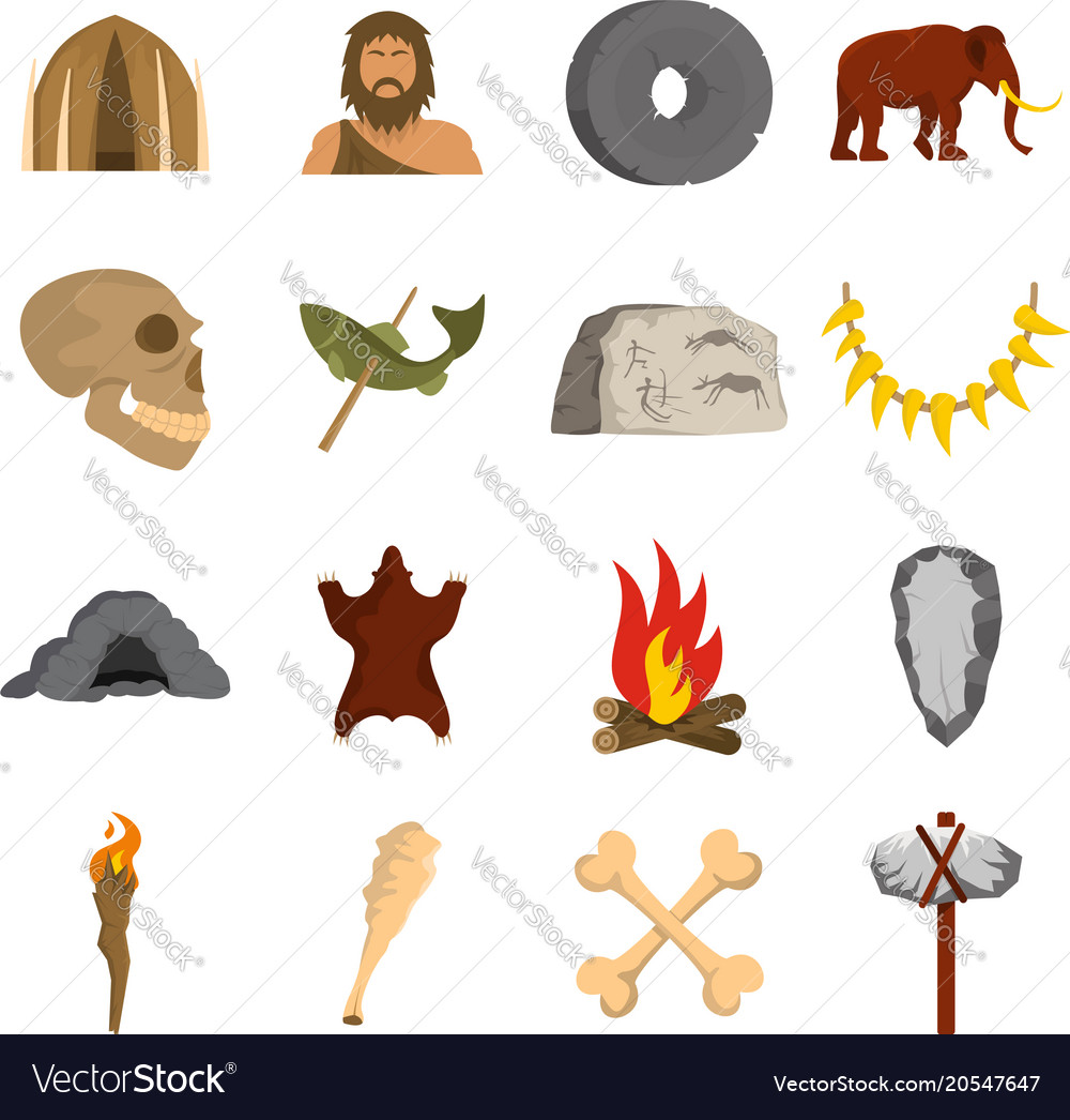 Caveman icons set flat Royalty Free Vector Image